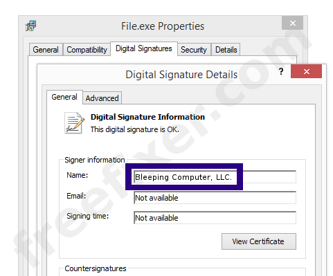 Screenshot of the Bleeping Computer, LLC. certificate